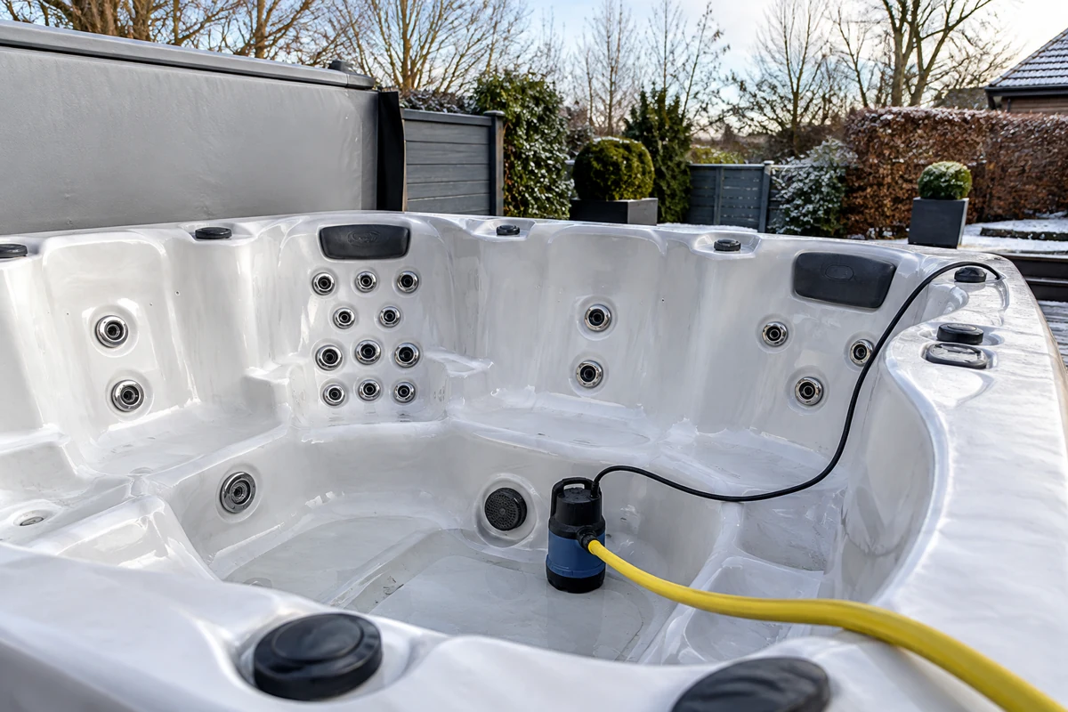 Drained hot tub with a submersible pump and hose during winter preparation.