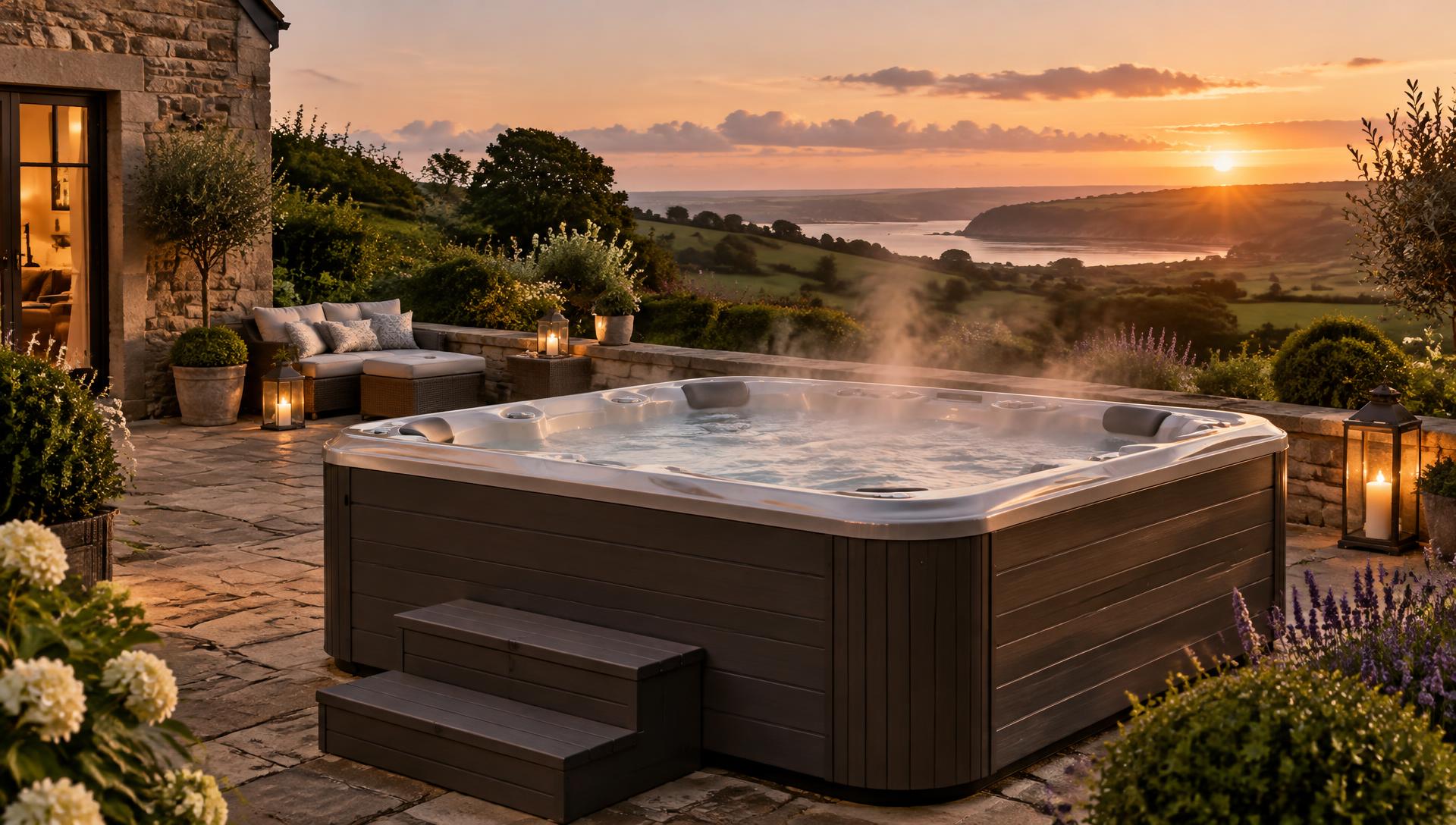Hot tub on a terrace overlooking the countryside
