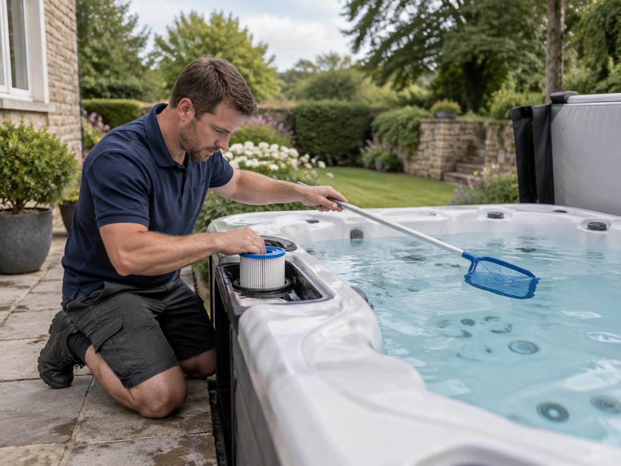 Spa Simple technician cleaning a hot tub filter during a routine service